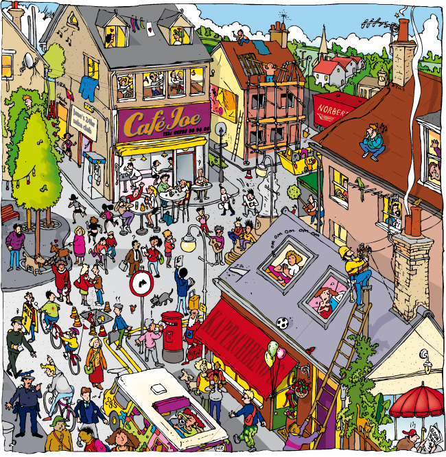 busy-street-scene-by-phill-burrows-illustration-from-united-kingdom